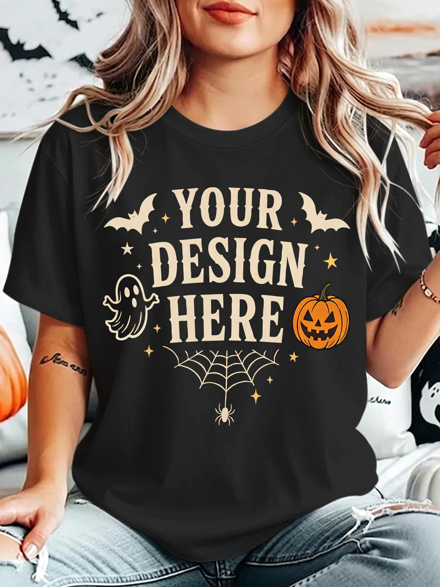 Halloween Mockup Womens Crew Neck Short Sleeve T Shirt Ghost Pumpkin Bat Spider Custom Print Casual Graphic Tees For Ladies
