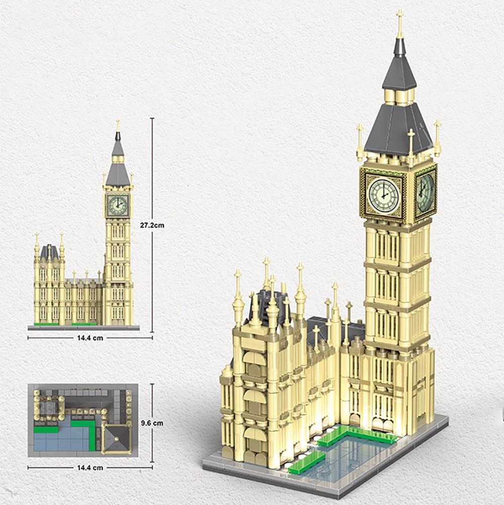 London Big Ben Building Blocks สถาปัตยกรรมที่มีชื่อเสียงอิฐรุ่นไฟ LED Turnable นาฬิกาการก่อสร้าง Self-assemble ของเล่น