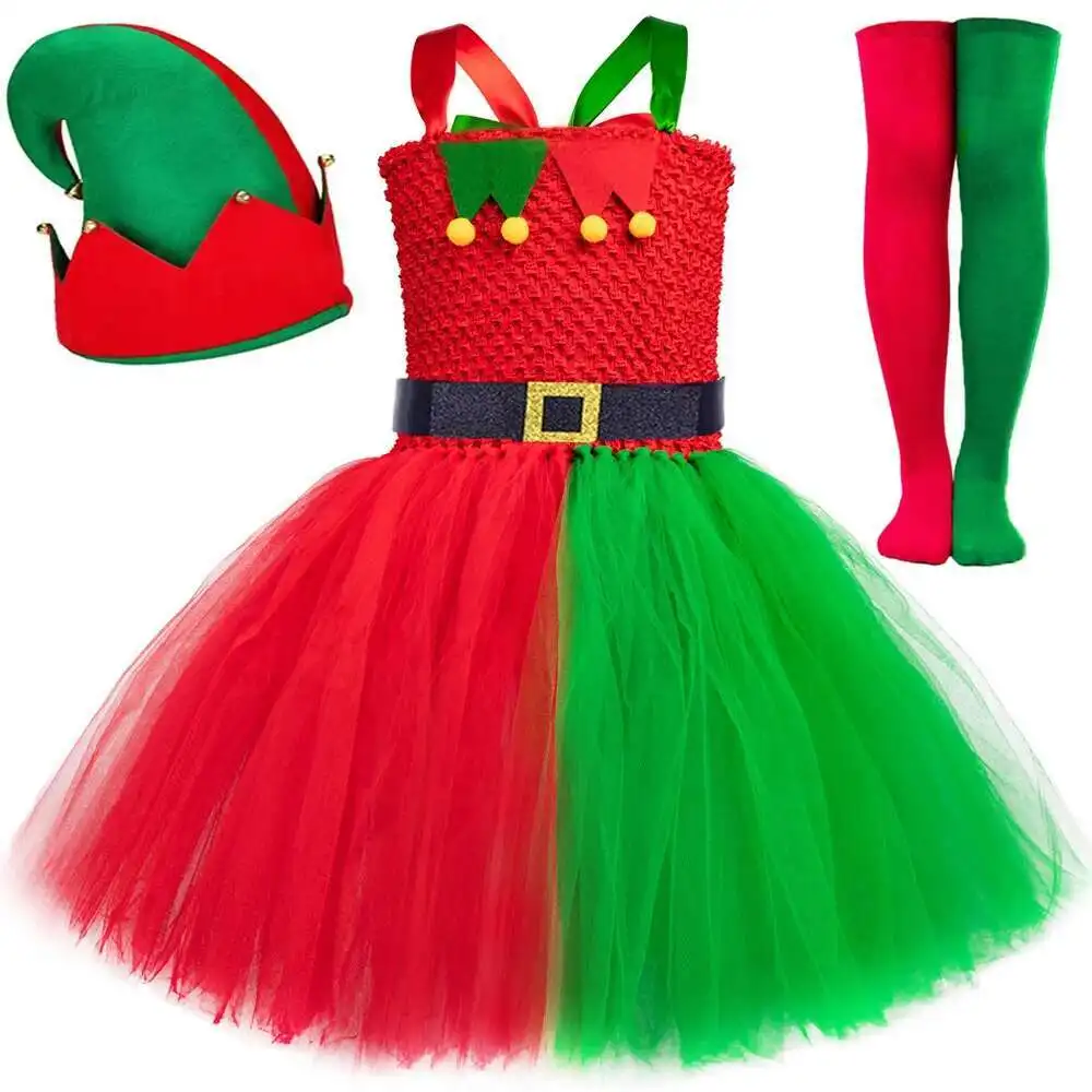 

Red Green Christmas Elf Costumes Girls Xmas Carnival Party Dresses for Kids New Year Tutu Outfit Children Holiday Clothes Gifts