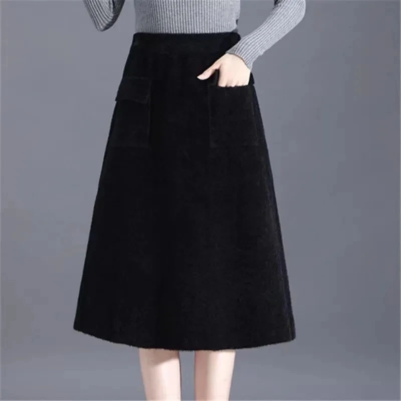 Thickened Mink Fur Mid Length Skirt Autumn And Winter Women's High Waist Knitted Yarn A-Line Umbrella skirt  w1572