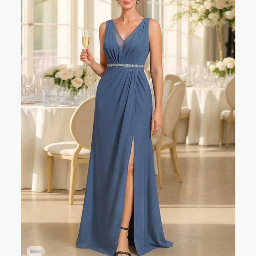 

Customized Elegant Long Mother of the Bride Dresses V-Neck Floor-Length A-Line Pleats Wedding Guest Party Groom Dress 2026