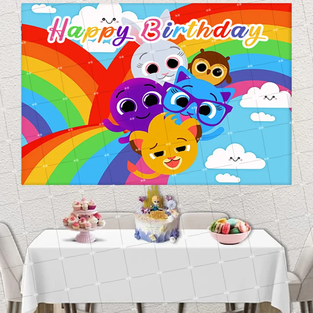 Cartoon B-Bolofofos Kids 1st Birthday Party Baby Shower Educational Music TV Photo Background Rainbow Bokeh Photo Booth Props