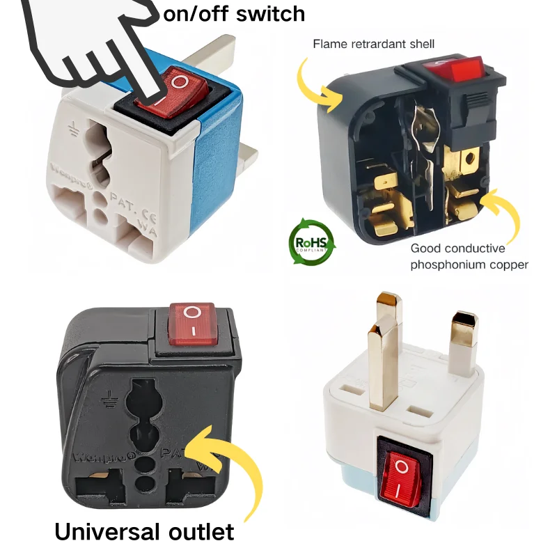 Universal US UK EU AU CN Schuko Multi Plug Adapter With On/Off Main Switch Wonpro WSA Series