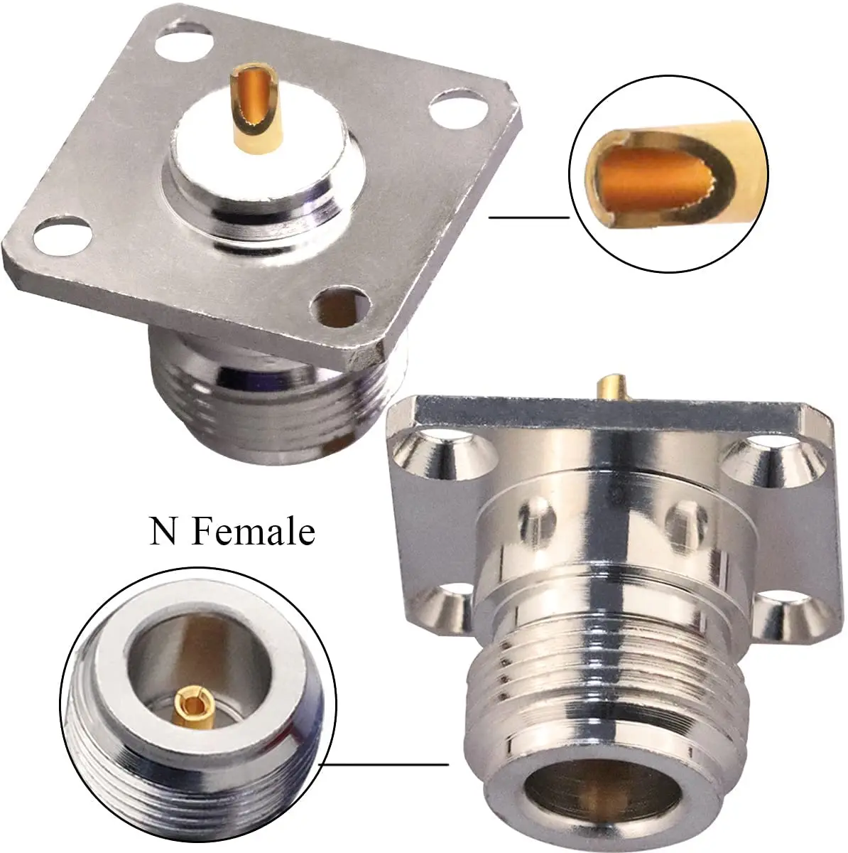 N Fêmea 4 Hole Panel Mount Connector, Adaptador coaxial RF, Chassi RF Antena coaxial, 2pcs por lote