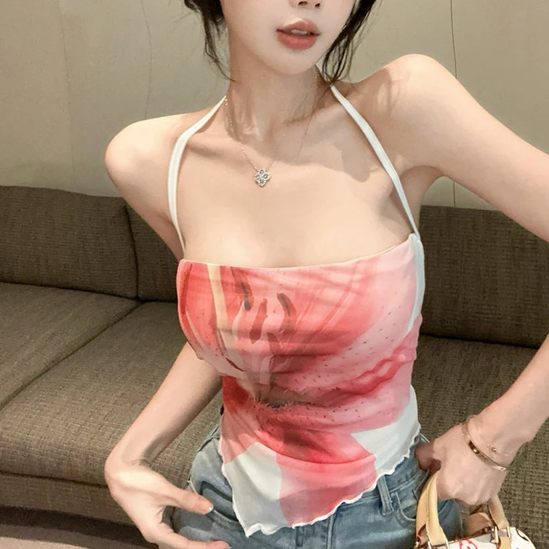 Sexy Floral Print Bustier Short Strapless Triangle Scarf Small Camisole Vest Top Women's Seaside French Design Short Top
