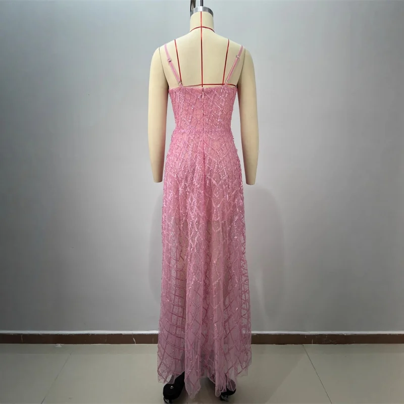 New Arrival Sequin Quilted Embroidery Pink Sheer Mesh Puffy Long Dress Elegant Party Wedding Gown