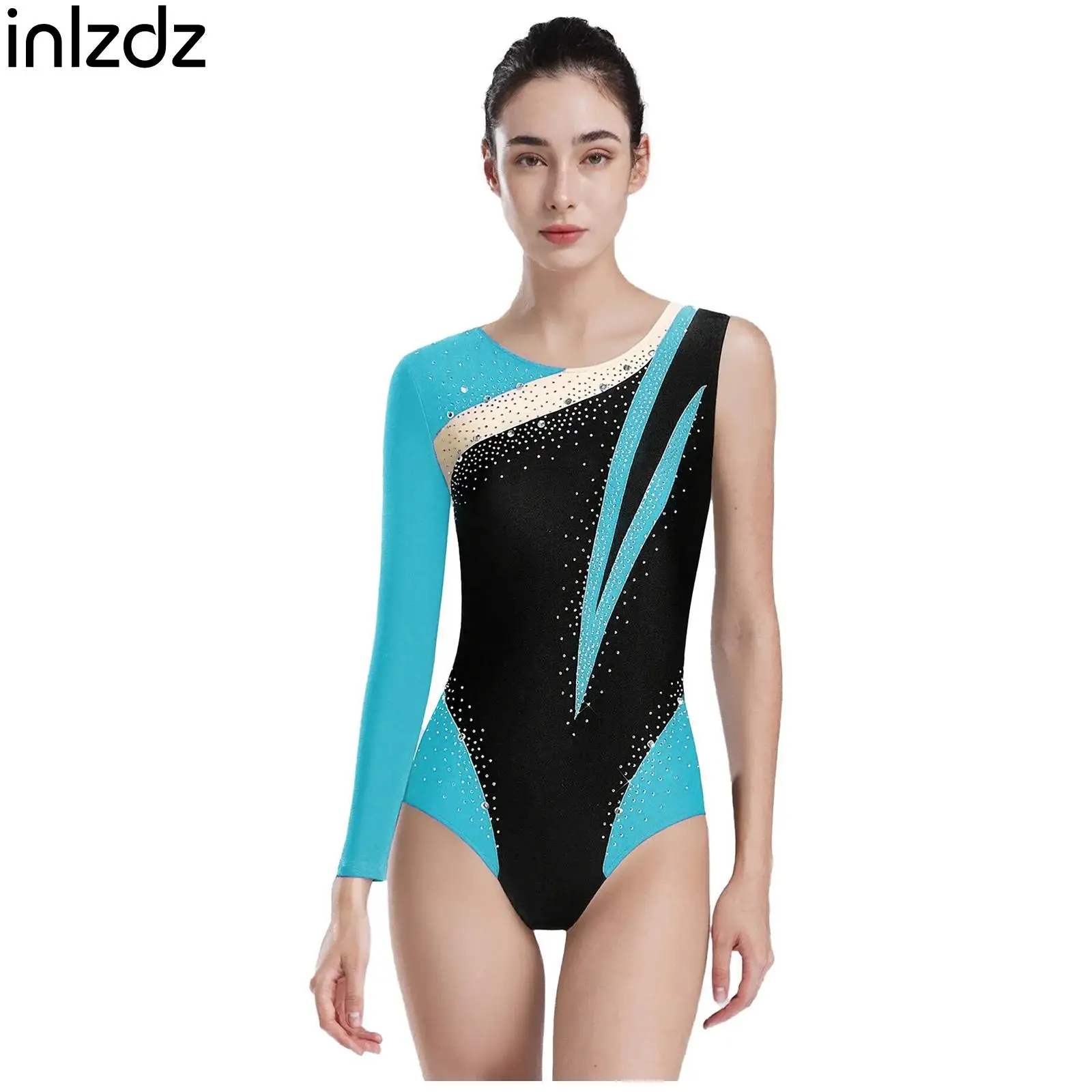 

Women Gymnastics Figure Skating Dance Leotard Asymmetrical Glittery Color Block Workout Bodysuit for Stage Performance Party