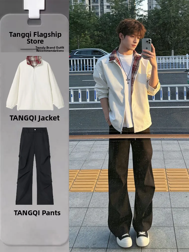 

Мужской комплект Cleanfit: клетчатая куртка в стиле пэчворк и свободные брюки-чинос для осеннего повседневного образа в американском стиле