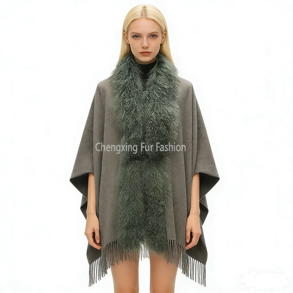 

Warm Pure Color Scarf for Women Winter Soft Thickened Plush Wool Shawl with Real Lamb Fur Trim