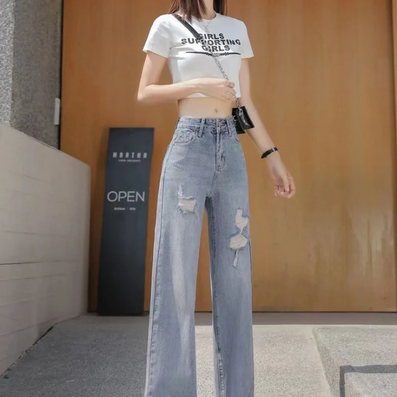 2023 Summer New Fashionable Loose Fit Wide Leg Light Distressed Jeans with Dropping High Waist and Slim Floor Slam Pants