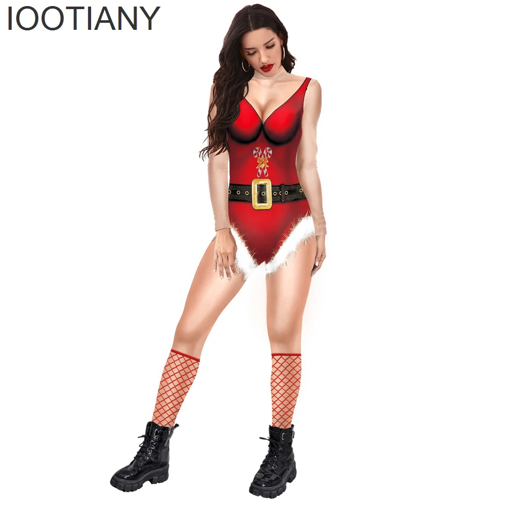 Iootiany Kerst Rode Kousen Print Cosplay Kostuum Sexy Jumpsuit Nieuwe Bodysuit Volwassen Carnaval Feest Kleding Monos Mujer Xmas