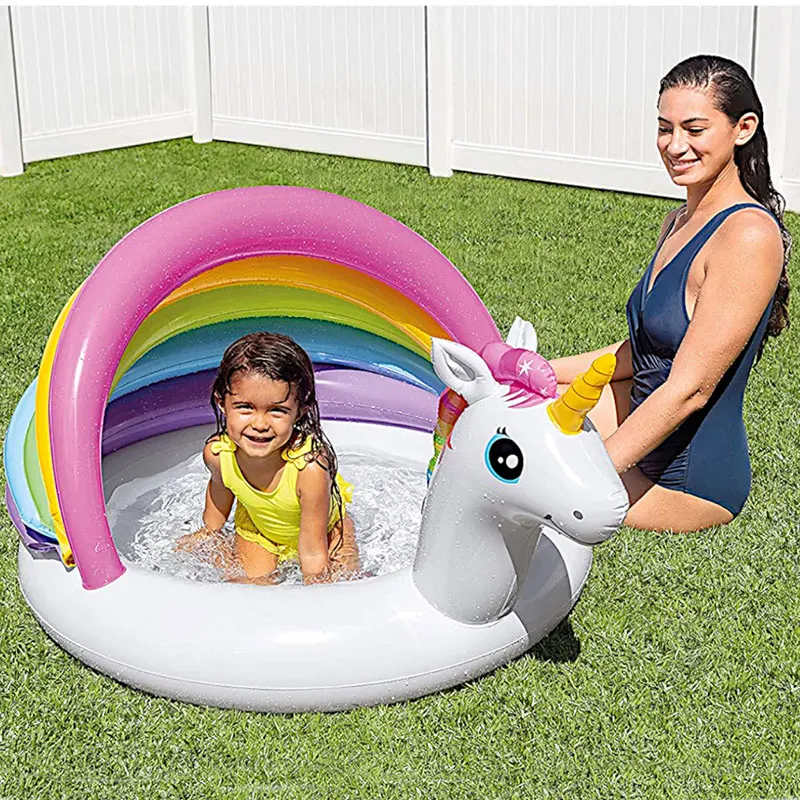 Rainbow Unicorn Design Inflatable Baby Girls Swimming Pool 1-3Y Soft Floor Bottom and Built In Sunshade Fun Outdoor Tent Pool