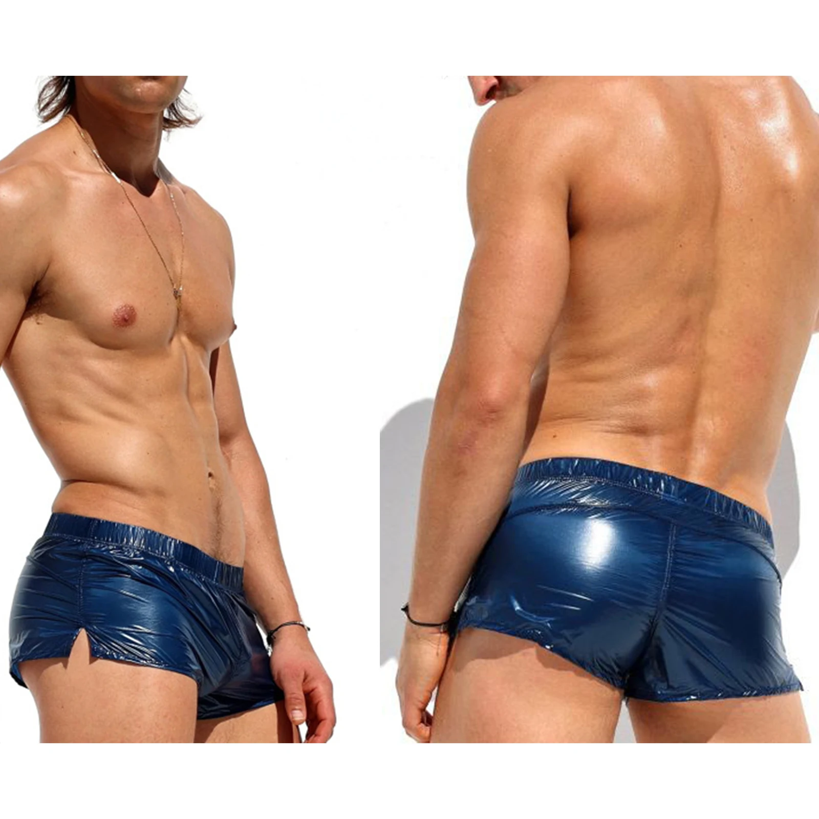 Mens Low Rise Sides Slit Boxer Shorts Glossy Swim Trunks Bikini Swimwear Nightclub Faux Leather Hot Shorts Clubwear