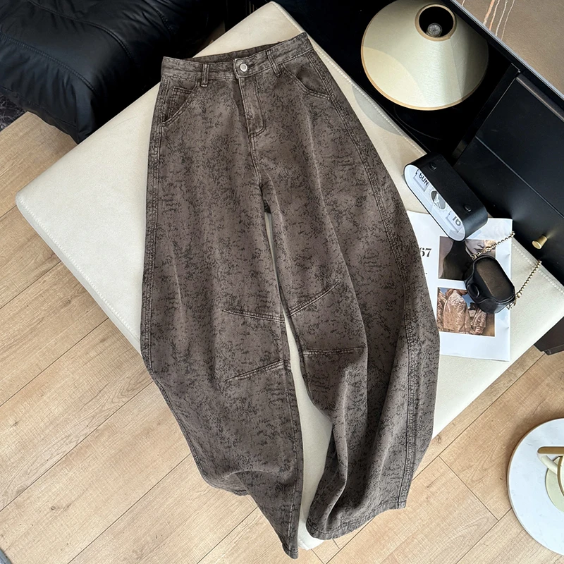 

Винтажные джинсы с жаккардовым узором для женщин, из чистого хлопка, свободные повседневные широкие джинсовые брюки в корейском ретро-стиле, мешковатые, в стиле Харадзюку, прямые, фасона «сабля»