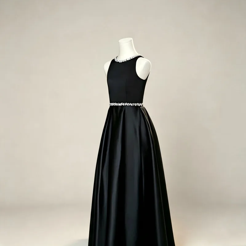 French Black Satin Evening Dress Violin Performance Suit Little Host Girl's Daily Birthday Dress
