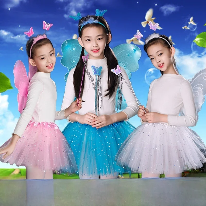 loween Costume Set Fairy  Performance Clothes Girls Princ Skirt  Wings Children's Outfit Polyester Material