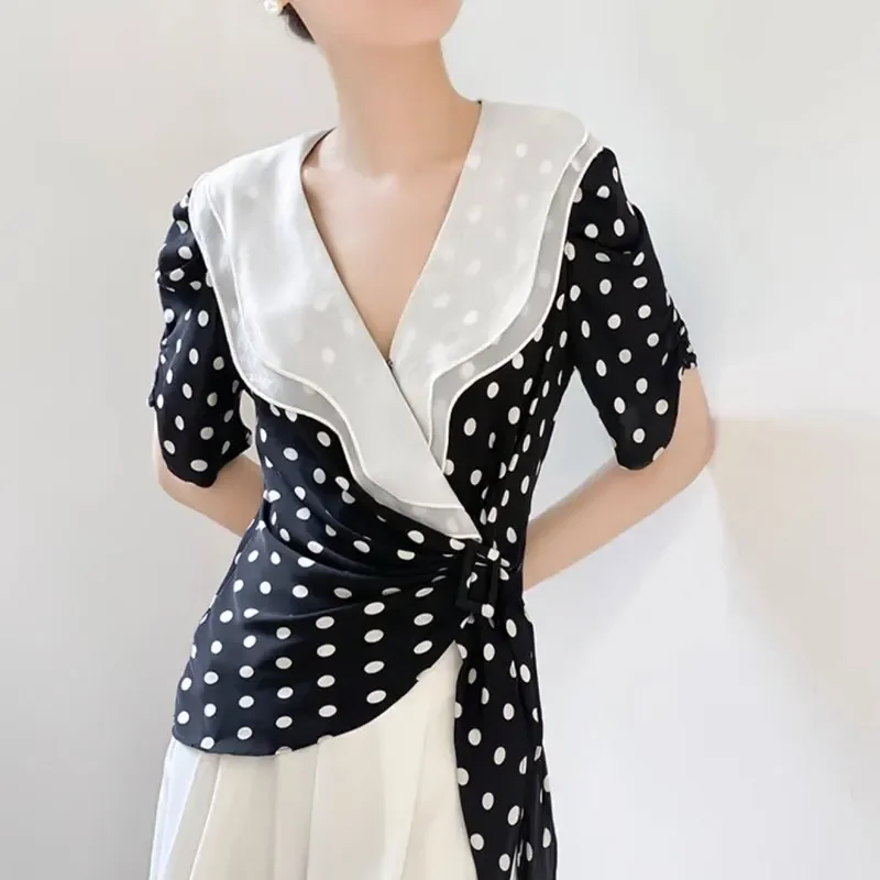 Büro Dame Rüschen V-ausschnitt Bluse Sommer Polka Dot Gedruckt Mode Kordelzug Grundlegende frauen Kleidung Koreanische Kurzarm Shirt