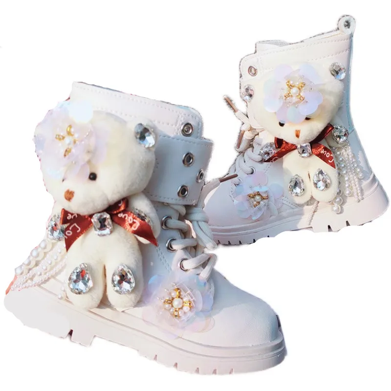 Cute Bear Kids Bling Fashion Princess Chelsea Ankle Boots Children Rhinestones High Tops Autumn Winter Baby Girls\' Shoes 27-37