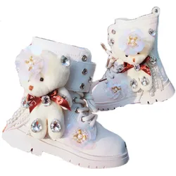 Cute Bear Kids Bling Fashion Princess Chelsea Ankle Boots Children Rhinestones High Tops Autumn Winter Baby Girls' Shoes 27-37