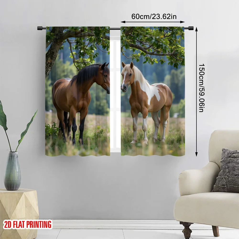 2D flat printing 2pcs Curtains two horses Versatile 100% Polyester,Without Electricity Family Party Decoration for Various room