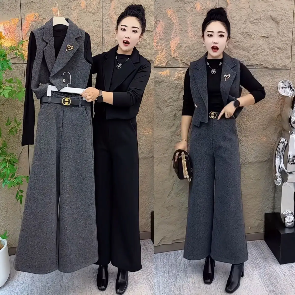 

Faionable Tweed Suit Vest And Pants Set Tee Piece Set Base Layer Vest Trousers Autumn Winter New Arrival