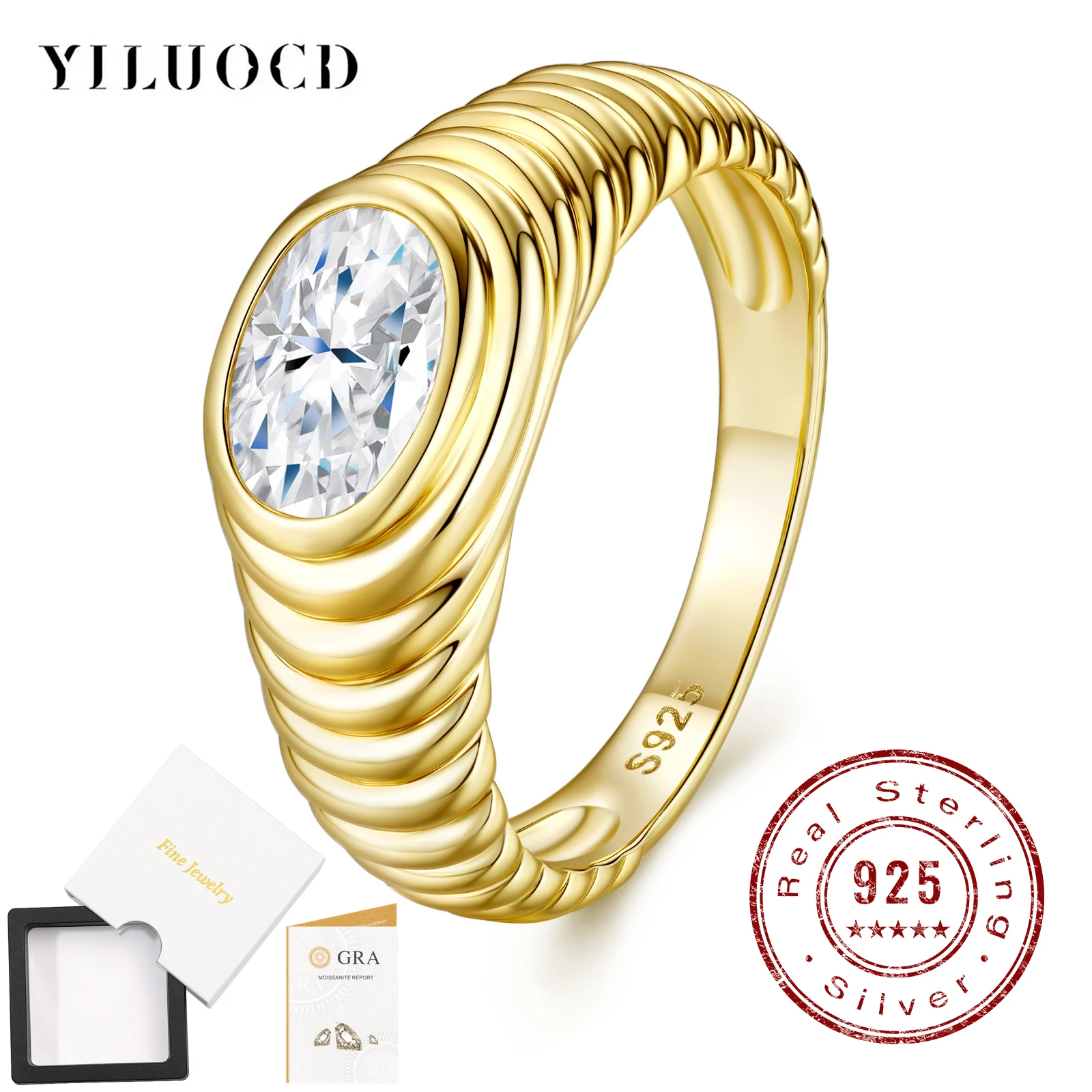 YILUOCD 1.5CT Oval Cut Moissanite Rings 925 Sterling Silver Chunky Threaded Thick Rings For Women Hypoallergenic Fine Jewelry
