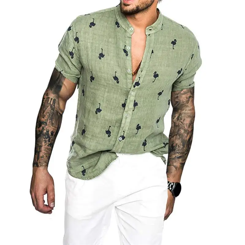 Summer Men's Casual Shirt Linen Standup Collar Short Sleeve Striped Pattern Loose Fit Autumn Thickened Fleece Chinese Brand