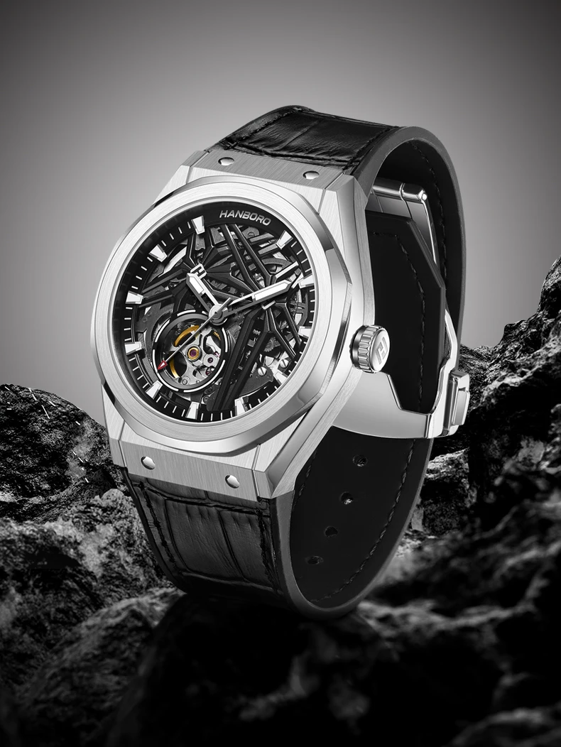 HANBORO ผู้ชายนาฬิกาอัตโนมัติ 42 มม.นาฬิกาข้อมือ 5Bar Luminous Hollow Out Dial Miyota 82S0
