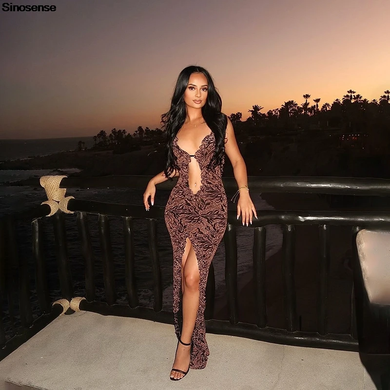 Elegantes Abendparty-Cocktailkleid für Damen, sexy, ärmellos, ausgeschnittener, figurbetontes Urlaubskleid mit geteiltem Saum, glitzerndes Nachtclub-Maxikleid