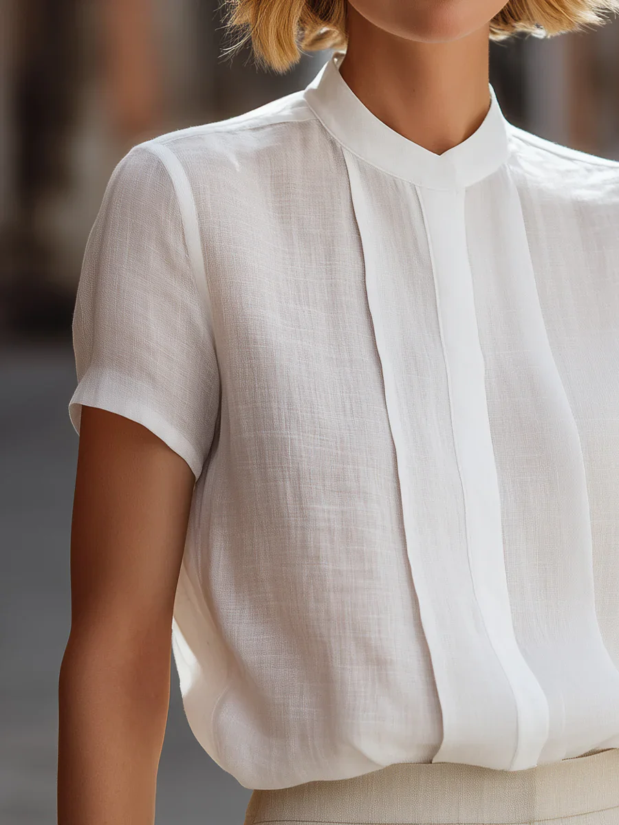 Women's Short Sleeve Blouse Mock Neck Pleated Front Relaxed Fit Top Casual Office Wear Summer Fashion
