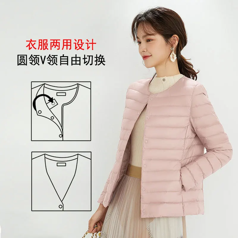 Women Liner Duck Down Jacket O-neck Variable V-neck 2022 New Female Winter Keep Warm Collarless Ultralight Quilted Puffer Coat