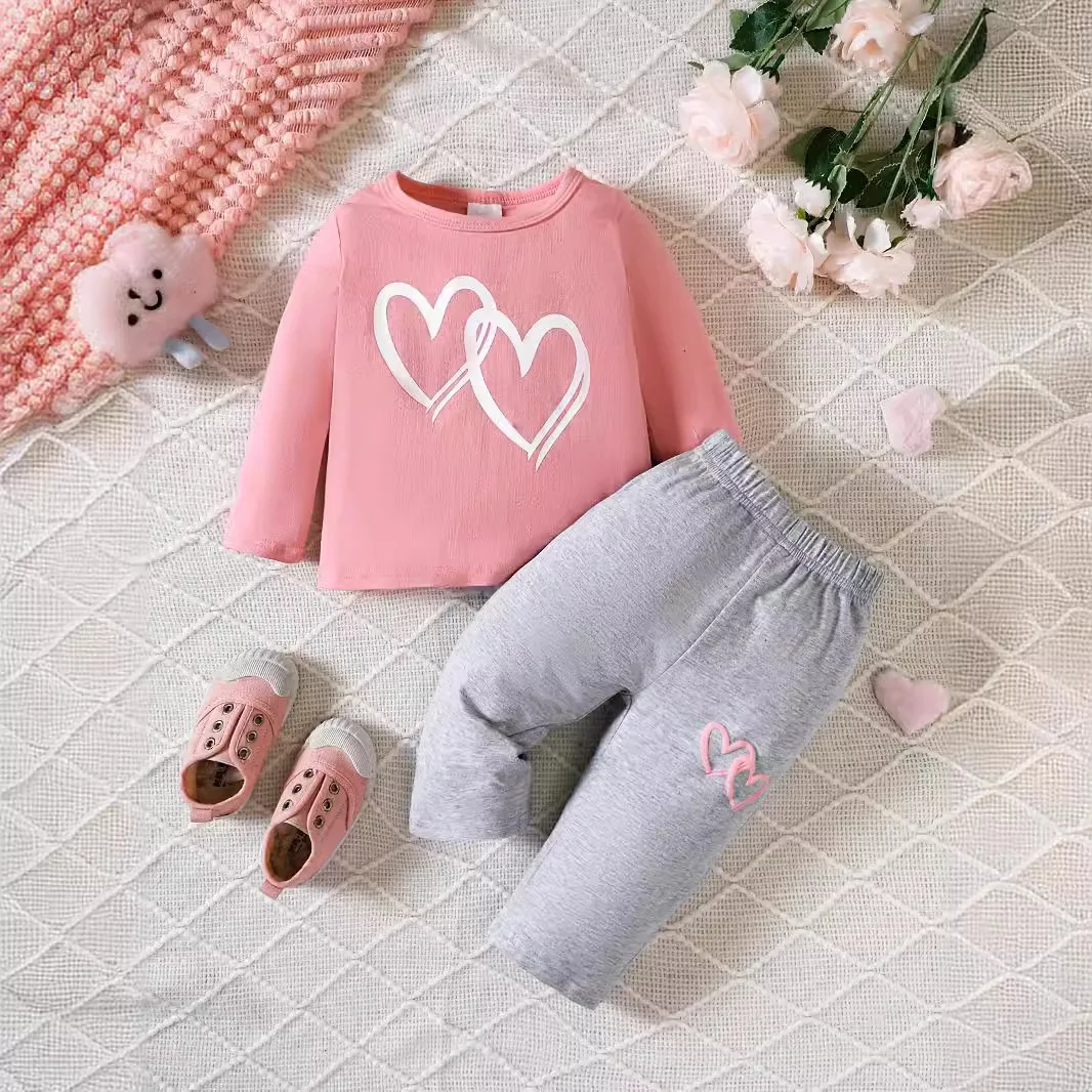 1-2 Year Old Baby Girl Spring and Autumn Round Neck Pullover with Love Printed Long sleeved Top and Gray Love Printed Pants Set