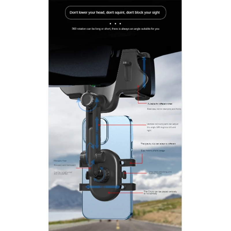 Multifunctional Car Rearview Mirror Mobile Phone Holder Car AR Navigation 360° Bracket