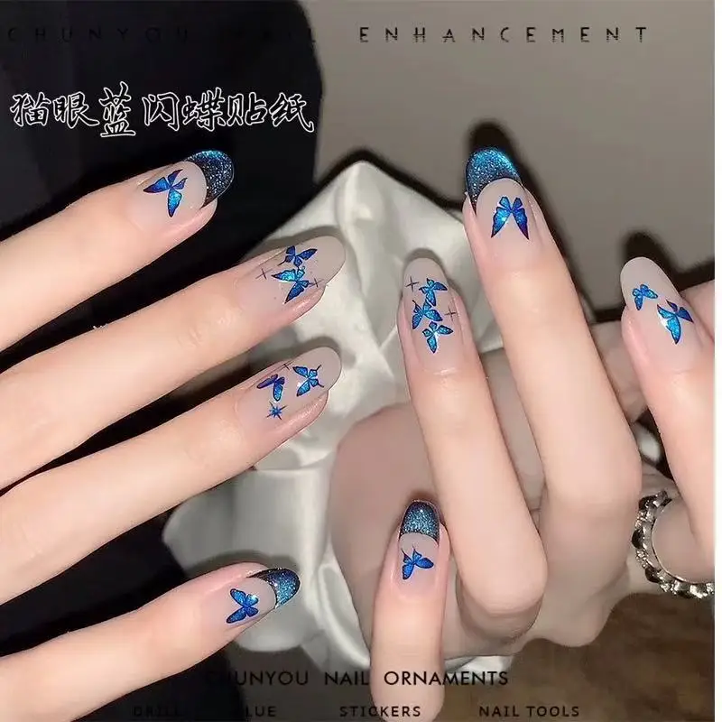3D Relief Butterfly Nail Stickers Retro Blue Flowing Sand Holographic Self Adhesive Waterproof Decals for Manicure DIY