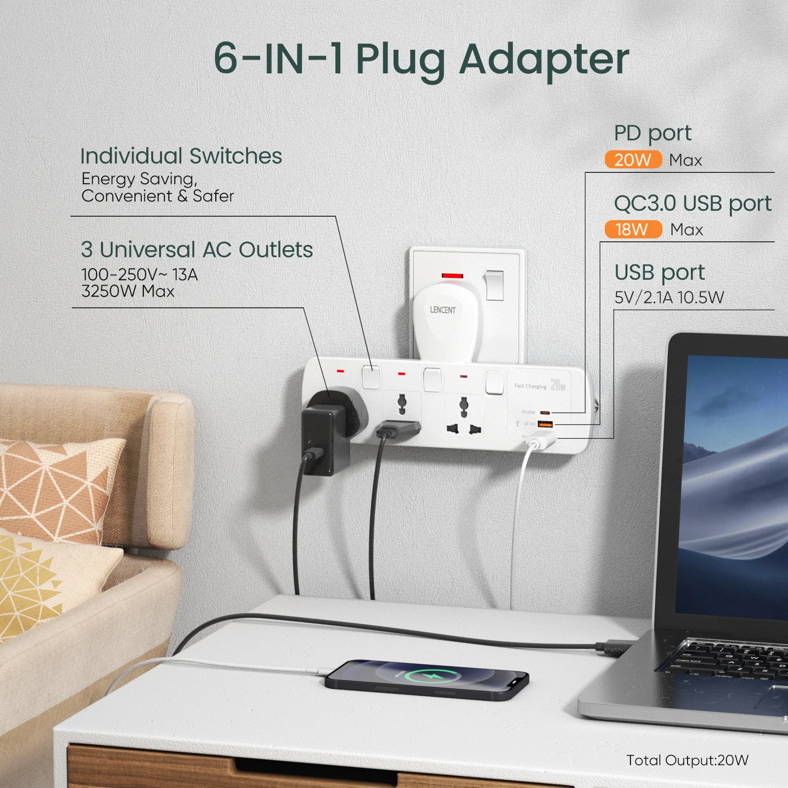 LENCENT Multi Extension Socket with 3 AC Outlet QC 3.0 USB Fast Charging  PD 20W Type C Plug Adapter with Switch for Home Office