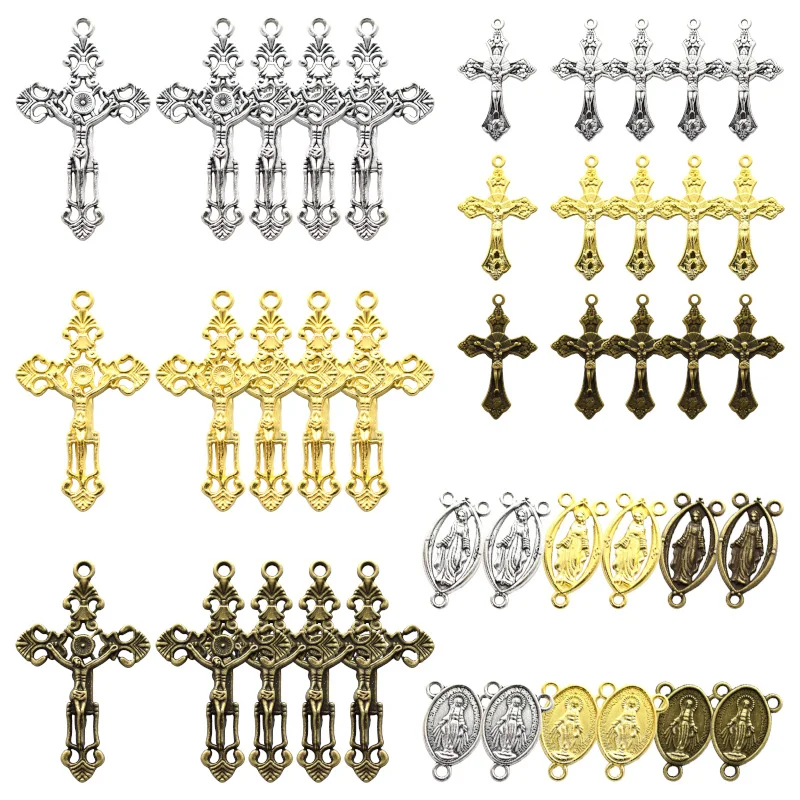 12pcs Center Miraculous Medal Easter Vintage Cross Crucifix Charms Alloy Pendants For DIY Rosary Bead Necklace Jewelry Making