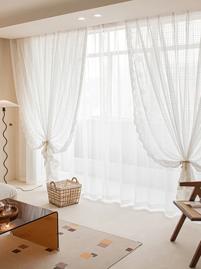 Close-up of the sheer white lace fabric texture