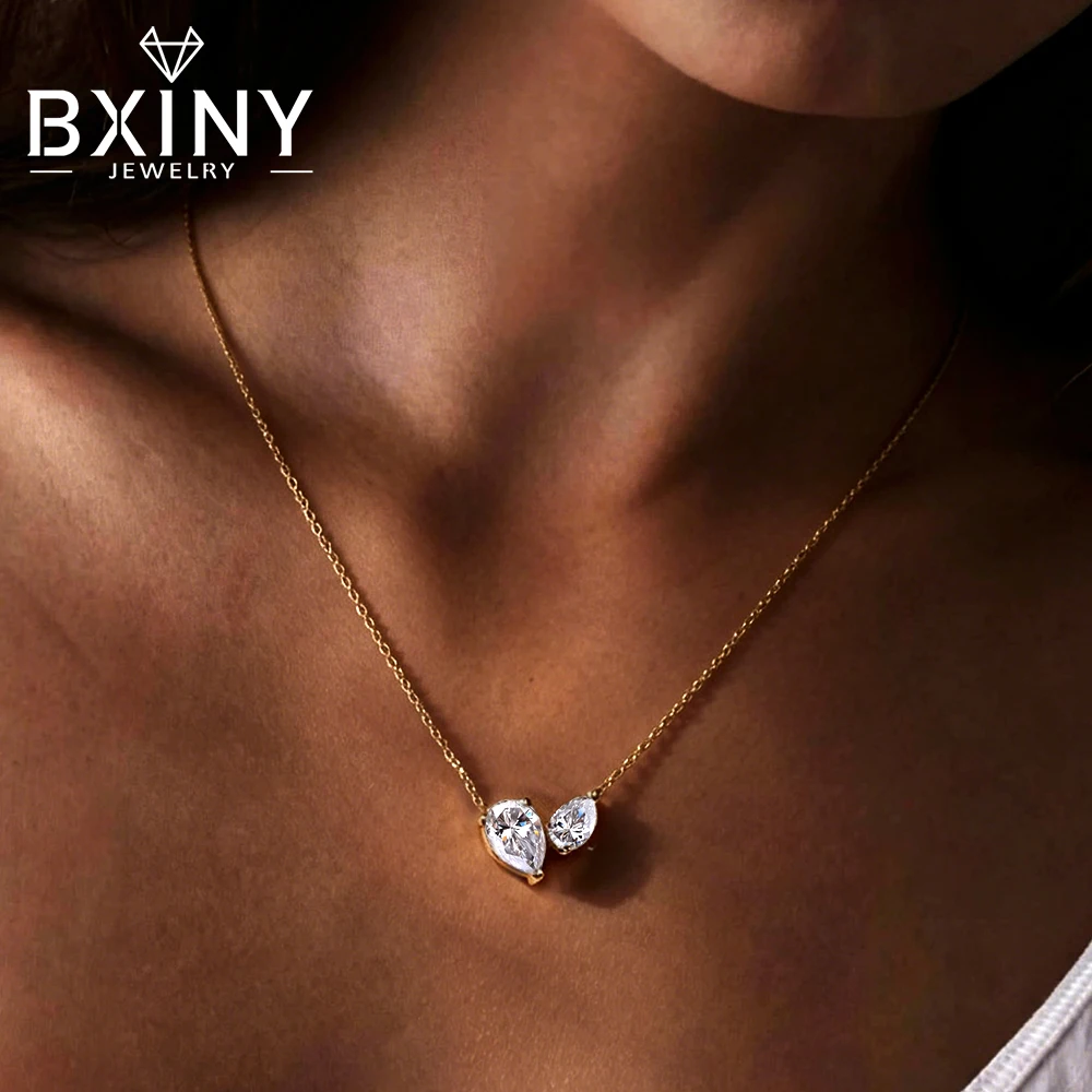 

BXINY 2-Stone Pear Cut All Moissanite Pendant Necklace 925 Sterling Silver Water Drop Diamonds Neck Chain for Women Fine Jewelry