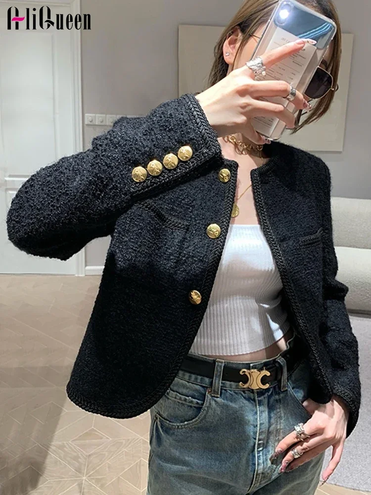 

High Quality Luxury French Vintage Black Tweed Jacket Women Fall Winter Korean Gold Buttons Short Woolen Coat Casaco Outwear