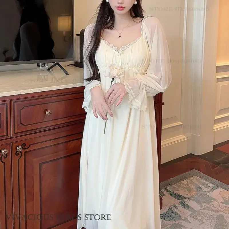

Women Long Sleepdress Elegant Court Style Nightdress Home Dressing Gown Spring Summer Mesh Nightie Nightwear Loose Loungewear