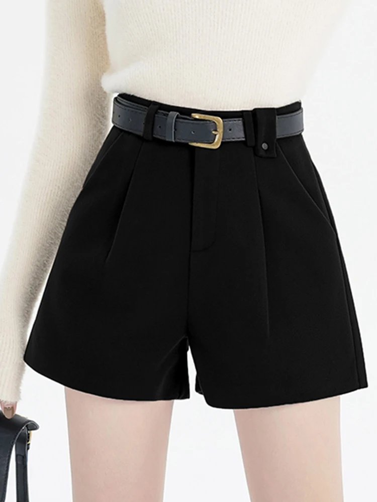 

QOERLIN Stylish Office Ladies Elegant Women High Waist Wide Leg Shorts with Pockets Korean Fashion Belt Black Coffee Shorts S-XL