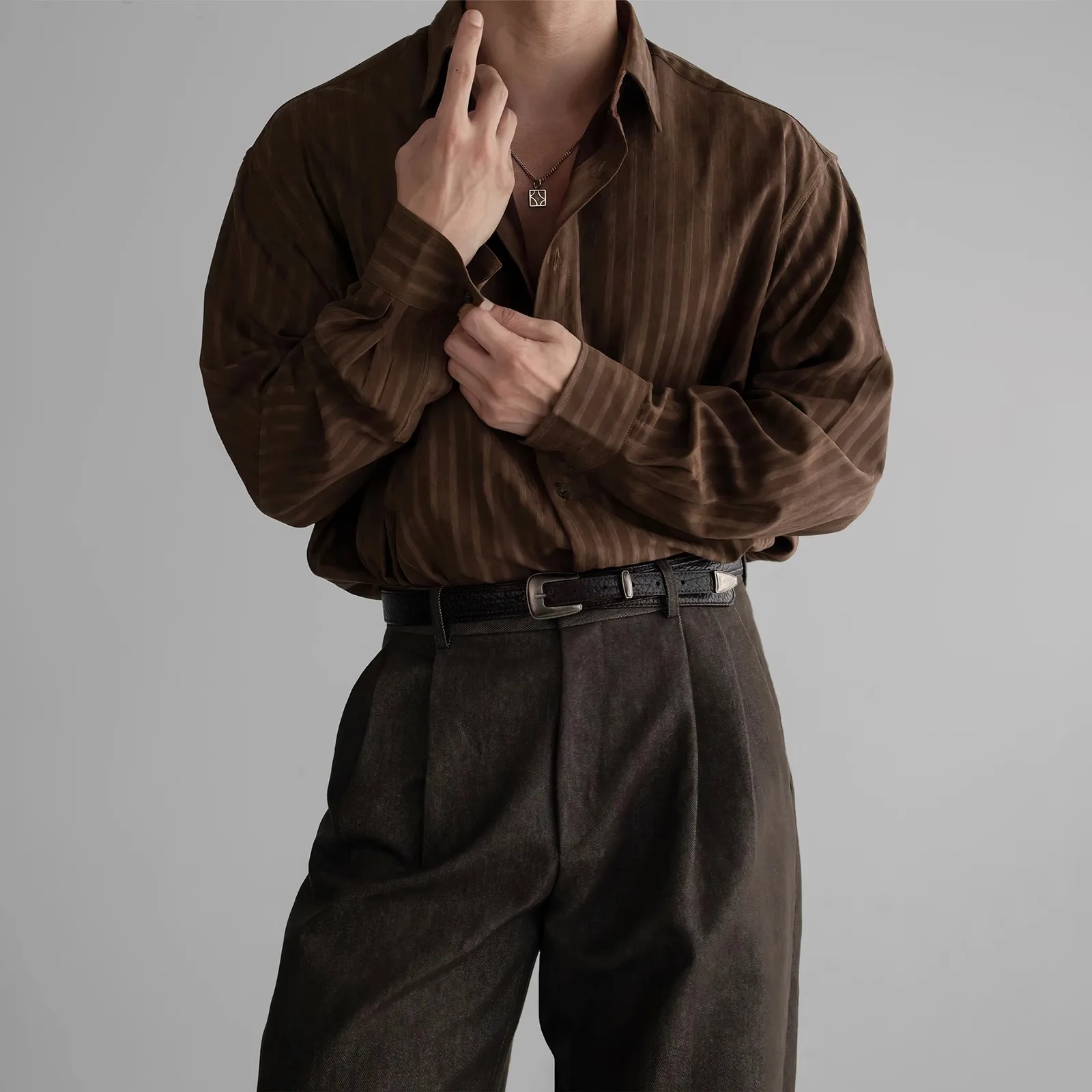 

Textured Casual Long Sleeve Shirt For Men, Autumn Top, Vintage Mature Style, Heavyweight Vertical Striped Shirt, Trendy