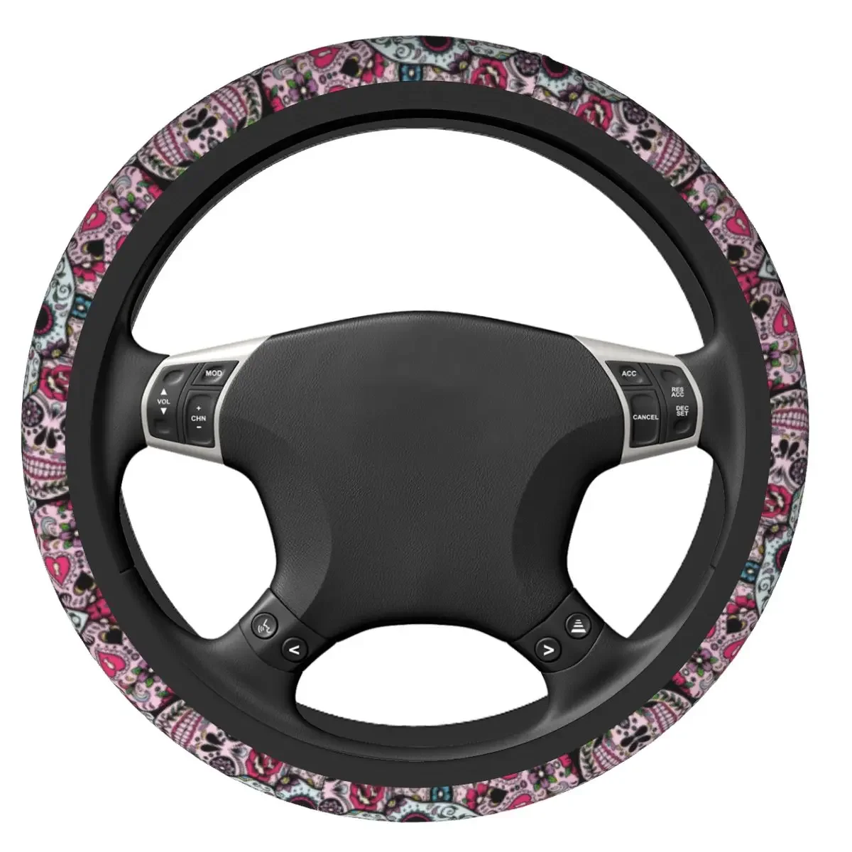 37-38 Car Steering Wheel Cover Sugar Skull Anti-slip Face Skull Art Braid On The Steering Wheel Cover Elastische Car Accessories