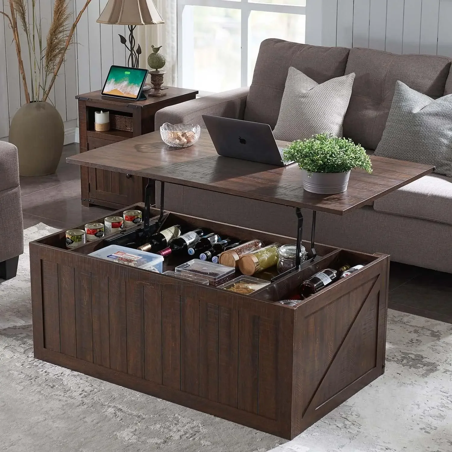 Lift up coffee table with sliding trough grain compartment door, double storage space in living room, brown