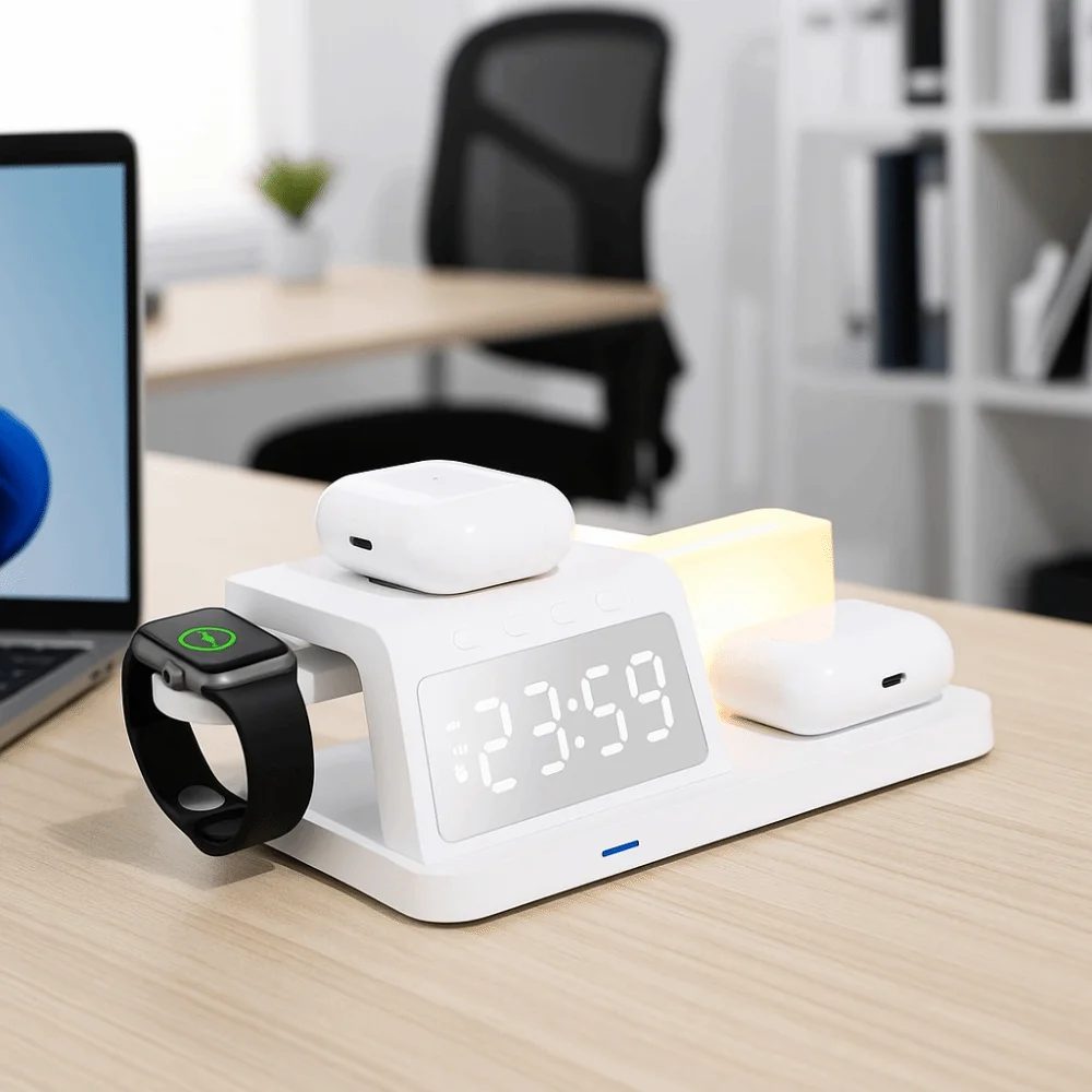 Plastic Wireless Charging Clock Fast Charging LED Display Multi Functional Desktop Charger Earphone Charging with Watch Stand
