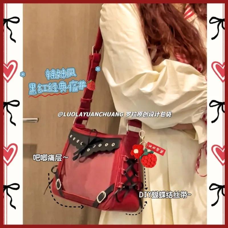 

Patchwork Bowknots Japanese Shoulder ItaBag Lace-up Kawaii Girls Crossbody Bag Transparent Pocket Y2k Pain Bags PU Handbag Women