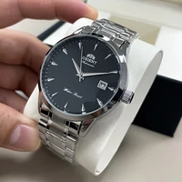 Reloj automático Orient para hombre, correa de acero inoxidable con esfera negra, reloj de pulsera clásico de negocios resistente al agua con indicador de fecha