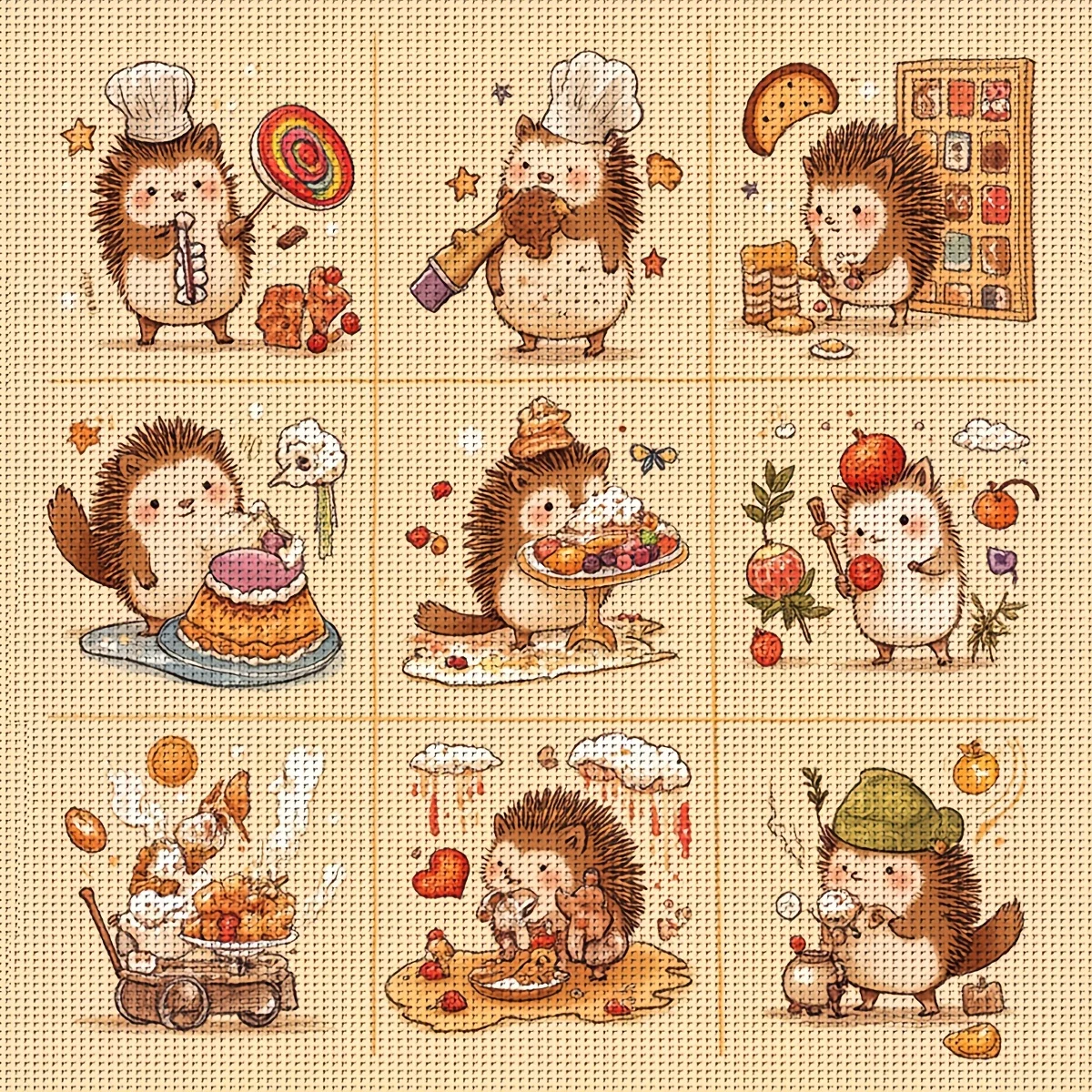 1PC 36X36cm/14.17X14.17inch, 11CT Print Cross Stitch DIY Kit, Hedgehog Bakers, Adult Beginner's Relaxed Cross Stitch