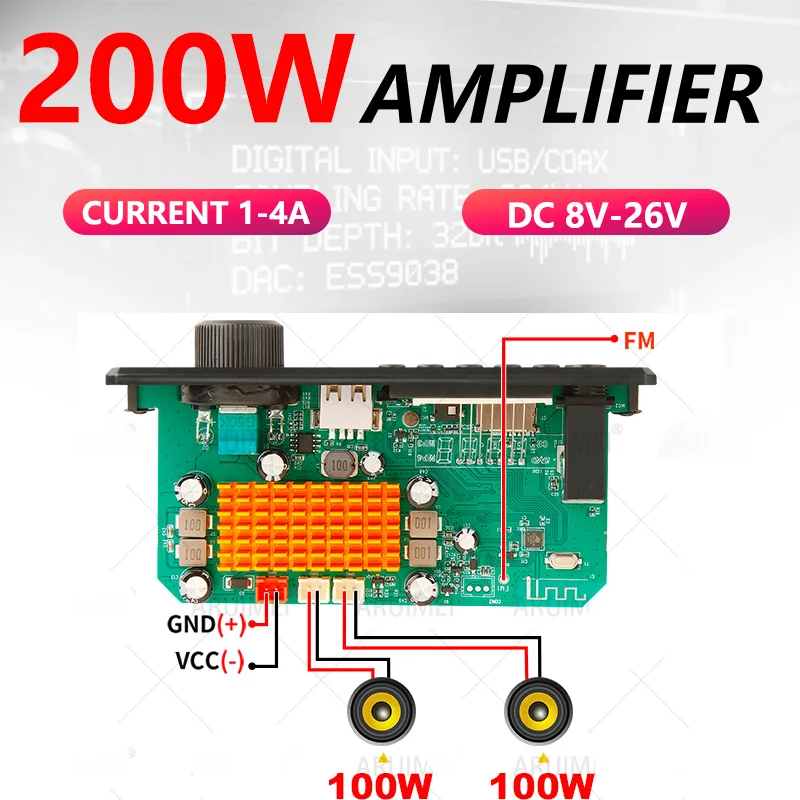 ARuiMei 200W Car Amplifier Bluetooth 5.0 2*100W Stereo MP3 Player FM Radio USB TF AUX Mic DC 8V-26V