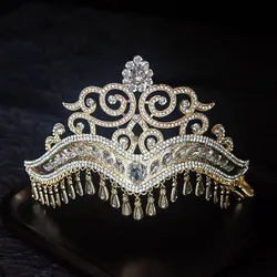 Womens Rhinestone Crown With Metal Tassel Hollowed Out Party Tiara